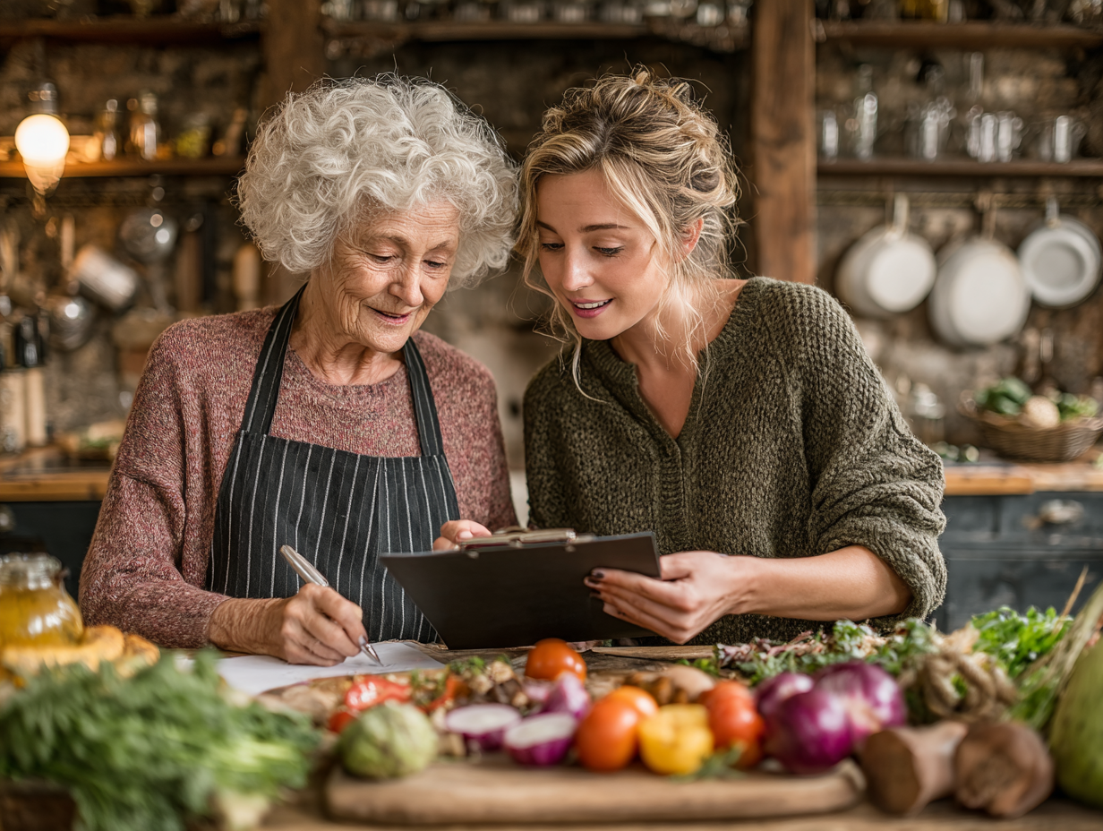 Здорова літня жінка готує салат